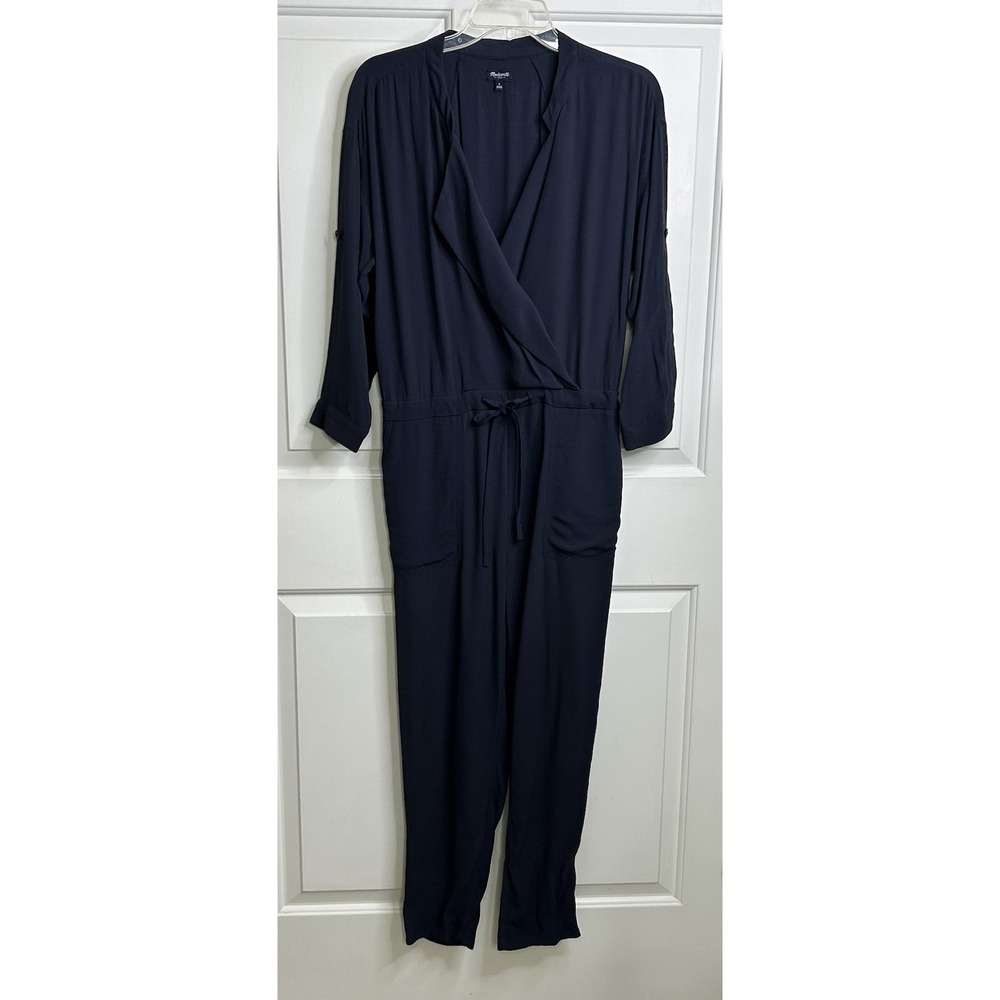 Madewell Novelist Crepe Jumpsuit Women's Small Navy Blue V-Neck Roll Tab Sleeve